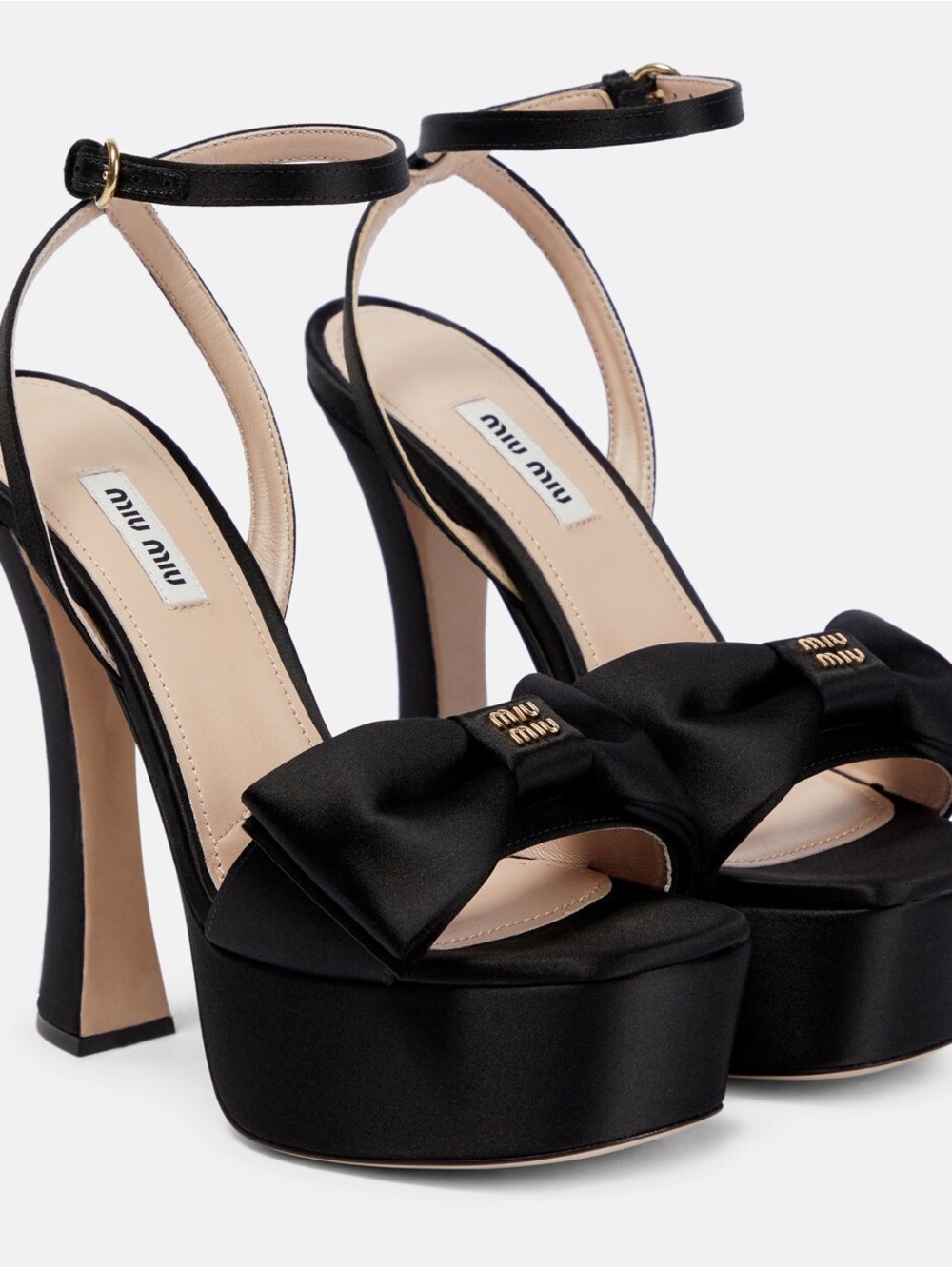 Miu Miu Black Satin Bow Platform Heels with Ankle Strap